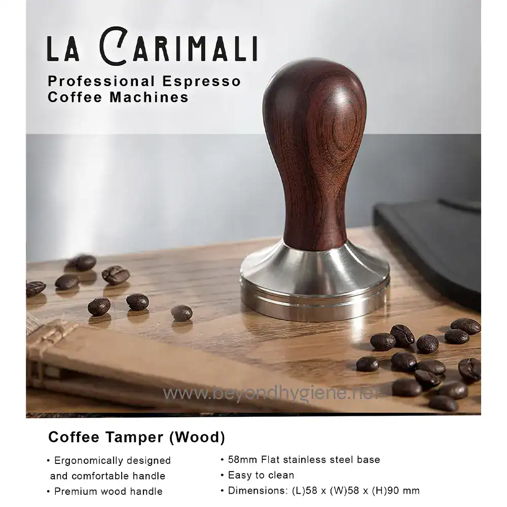 Coffee Tamper (Wood) (1) Coffee tamper wood for professional espresso machine, ergonomic design with premium wooden handle, stainless steel base, easy to clean, ideal for coffee shop baristas and home espresso brewing.