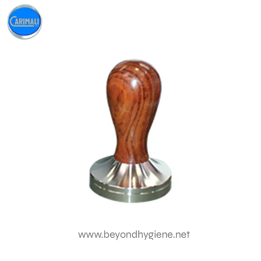 Coffee Tamper (Wood) (2) Stamp seal with wooden handle and metal base for official documentation or branding purposes.