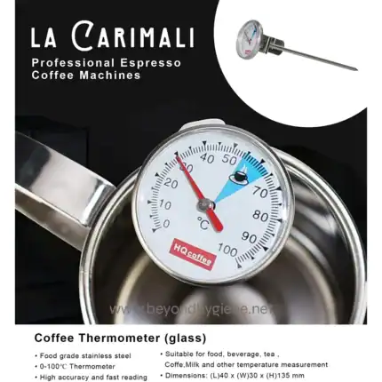 Thermometer for coffee glass with stainless steel, suitable for food and beverage temperature measurement, high accuracy, ideal for cafes and restaurants, dimensions 40x30x135mm.