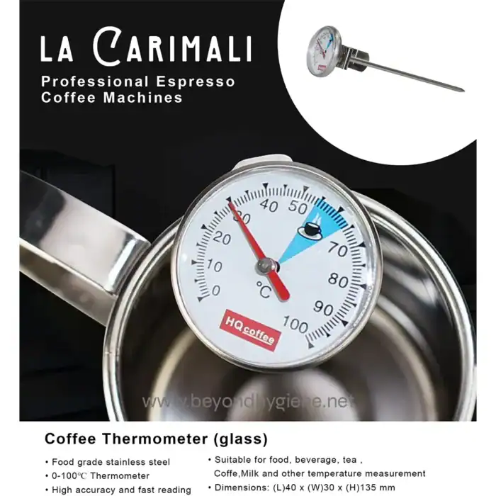 Thermometer for coffee glass with stainless steel, suitable for food and beverage temperature measurement, high accuracy, ideal for cafes and restaurants, dimensions 40x30x135mm.