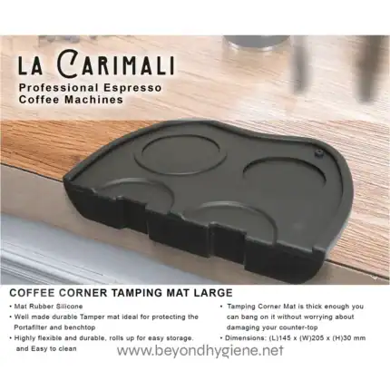 Black rubber coffee cup tamping mat with three circular indentations for espresso cups, designed for professional coffee machine use.