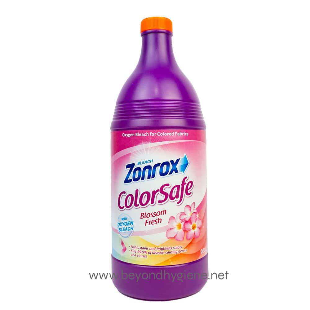 Zonrox ColorSafe bleach bottle for colored fabrics with oxygen bleach, Blossom Fresh scent, suitable for disinfecting laundry and household cleaning, promotes hygiene, and brightens fabrics.
