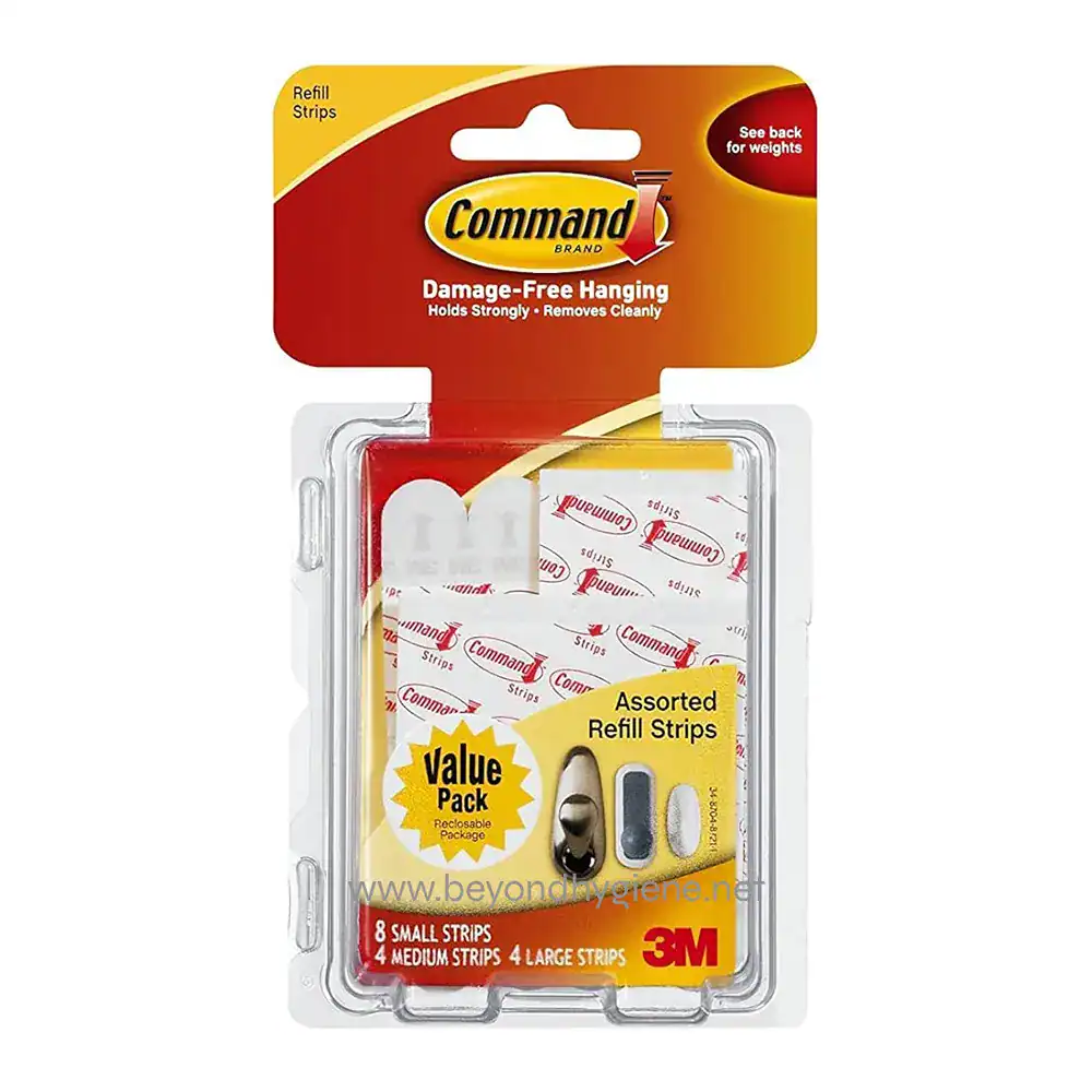 Command™ Self Adhesive Assorted Refill Strips 8 small + 4 medium + 4 large strips Command™ Self Adhesive Assorted Refill Strips 8 small + 4 medium + 4 large strips