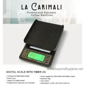 Digital scale with timer for precise measurements, compact and lightweight design ideal for commercial and industrial use in hygiene-related settings in Asia.