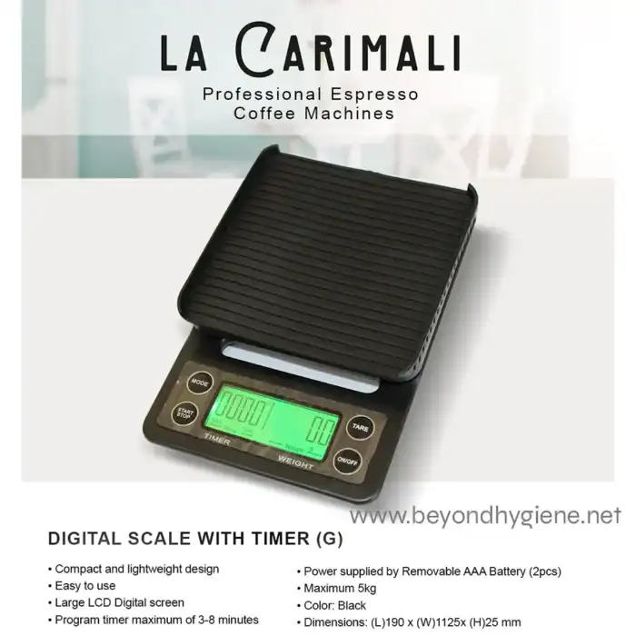 Digital scale with timer for precise measurements, compact and lightweight design ideal for commercial and industrial use in hygiene-related settings in Asia.