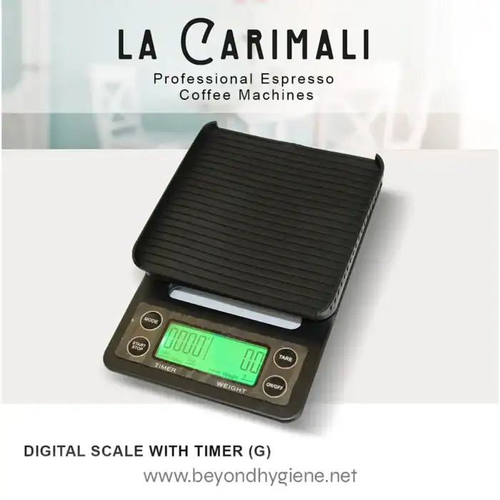 Precise digital scale with timer from Beyond Hygiene Asia, ideal for food, small items, or laboratory use, featuring a clear digital display for accurate measurements.