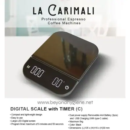 Digital scale with timer and removable AAA batteries for precise weight measurements in hygiene and sanitation settings.