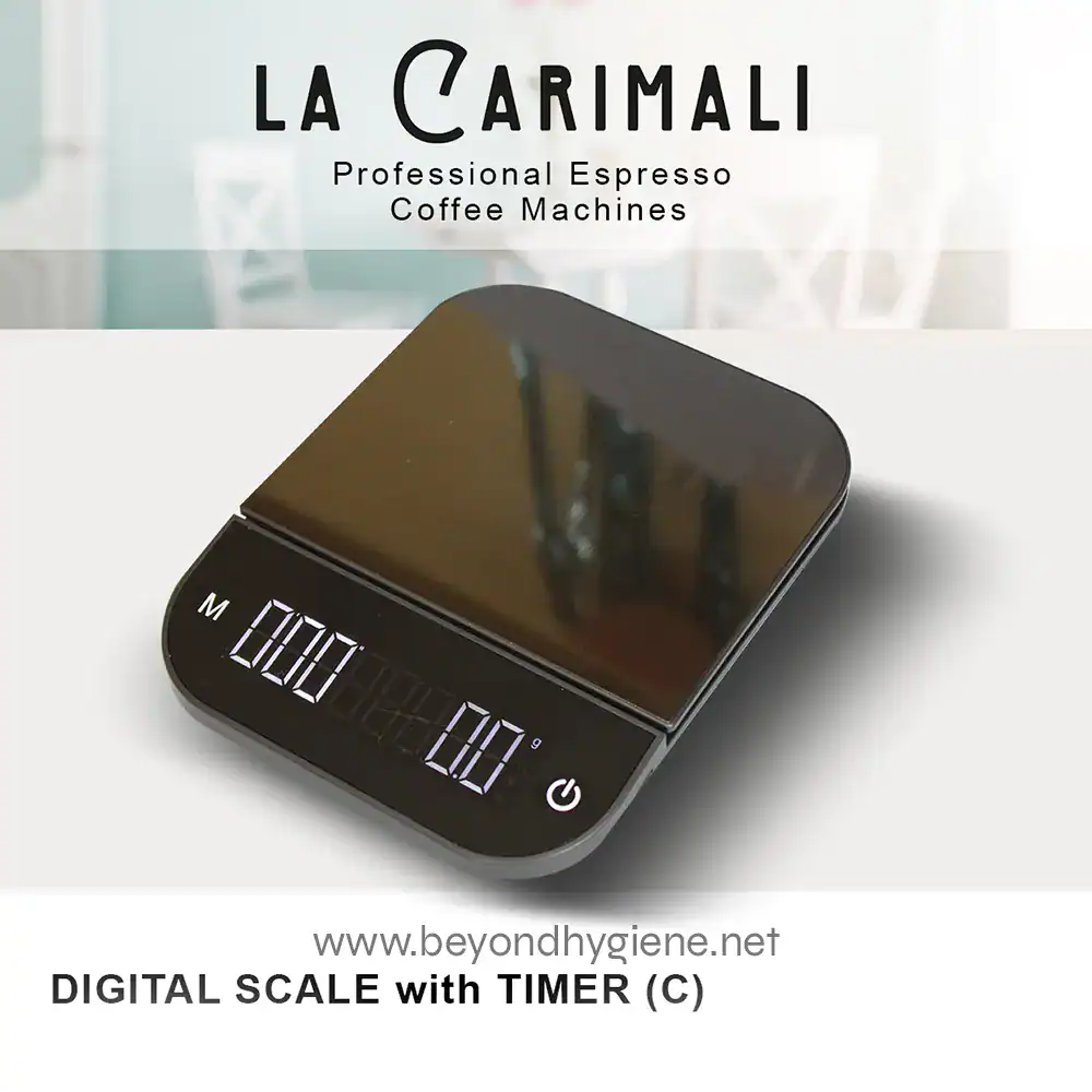 DIGITAL SCALE with TIMER (C) (3) Precise digital scale with timer, ideal for professional hygiene, food, and coffee measurements, featuring a sleek design and high accuracy for enhanced hygiene practices.