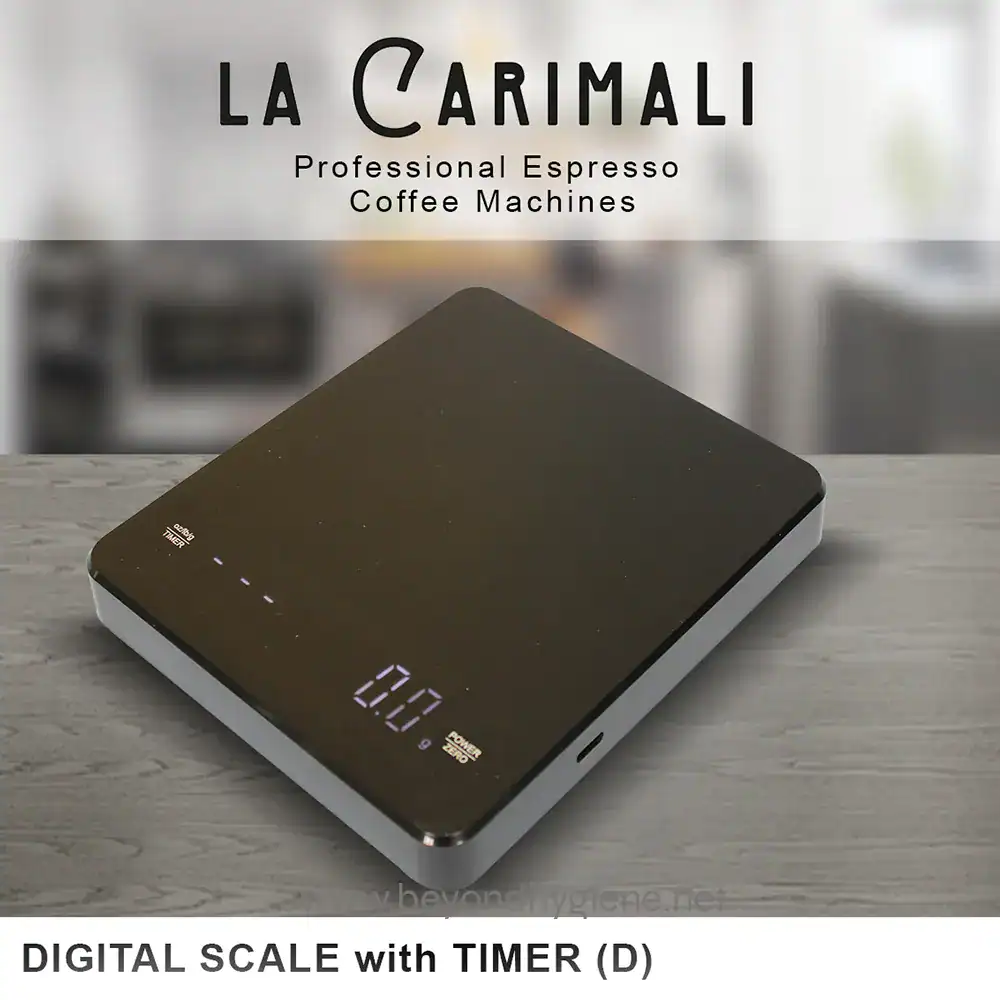 DIGITAL SCALE with TIMER (D) (1) High-precision digital kitchen scale with timer, sleek black design, perfect for accurate measurements and cooking efficiency. Suitable for home and professional culinary use.