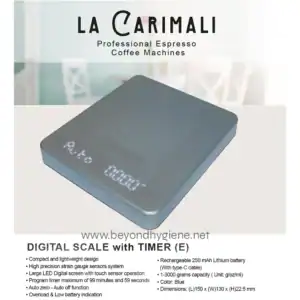 Digital scale with timer, compact and lightweight design, high precision sensors, large LED display, rechargeable lithium battery, suitable for various weight measurements, available at Beyond Hygiene Asia.