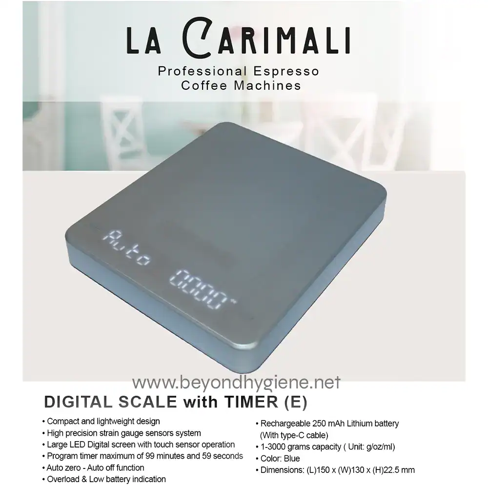 DIGITAL SCALE with TIMER (E) (1) Digital scale with timer, compact and lightweight design, high precision sensors, large LED display, rechargeable lithium battery, suitable for various weight measurements, available at Beyond Hygiene Asia.