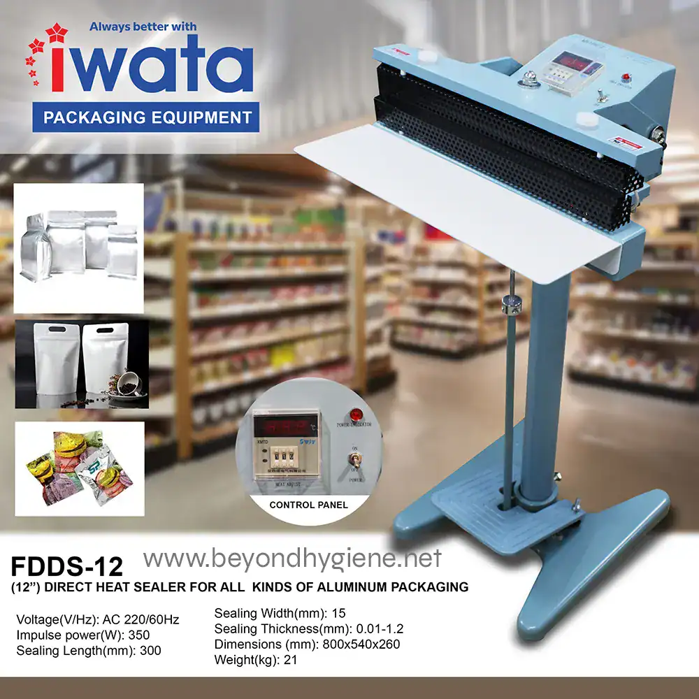 DIRECT HEAT SEALER FDDS-12 IWata packaging sealer machine for aluminum packaging, ideal for food, tea, and snack packaging, durable and efficient sealing equipment for commercial use in hygiene-focused operations.
