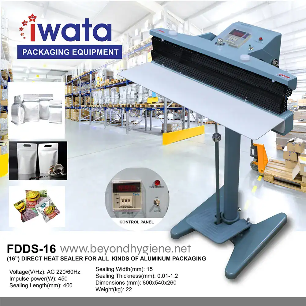 DIRECT HEAT SEALER FDDS-16 Sealing machine for aluminum packaging, heat sealing equipment for bags and pouches, industrial heat sealer for packaging, automated packaging machine for flexible materials, Beyond Hygiene Asia packaging solutions.