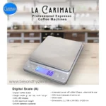 Digital coffee scale, compact and precise, with LED display and automatic shut-off, ideal for coffee brewing and baking, powered by batteries, in silver color, dimensions 109x130x20mm.