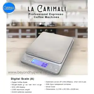 Digital coffee scale, compact and precise, with LED display and automatic shut-off, ideal for coffee brewing and baking, powered by batteries, in silver color, dimensions 109x130x20mm.