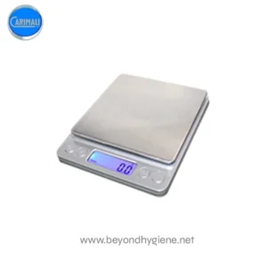 Digital precision kitchen scale with stainless steel platform, ideal for accurate weight measurement in food and hygiene applications.
