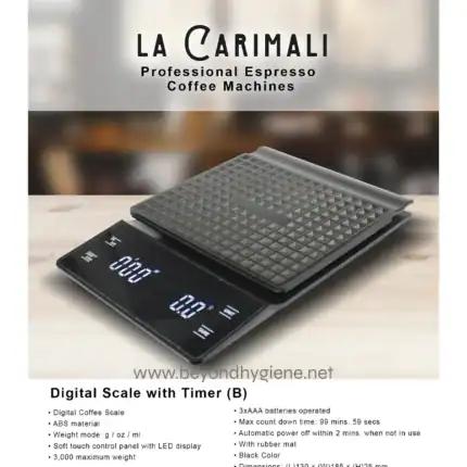 Digital scale for precise coffee measuring, ideal for coffee shops and cafes.