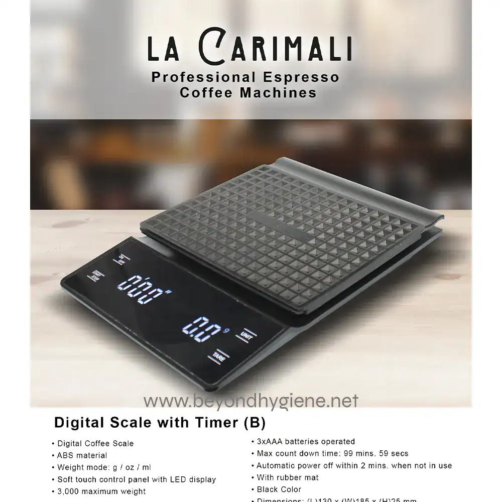Digital Scale with Timer (B) (1) Digital scale for precise coffee measuring, ideal for coffee shops and cafes.