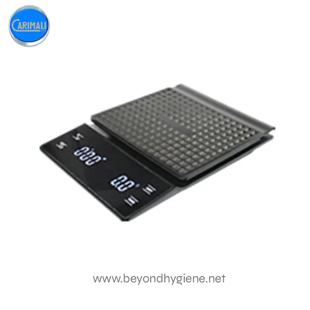 Digital Scale with Timer (B) (2) Digital kitchen scale with a black and silver design, featuring a digital display and stainless steel surface for precise measurement. Ideal for cooking, baking, and nutritional tracking.