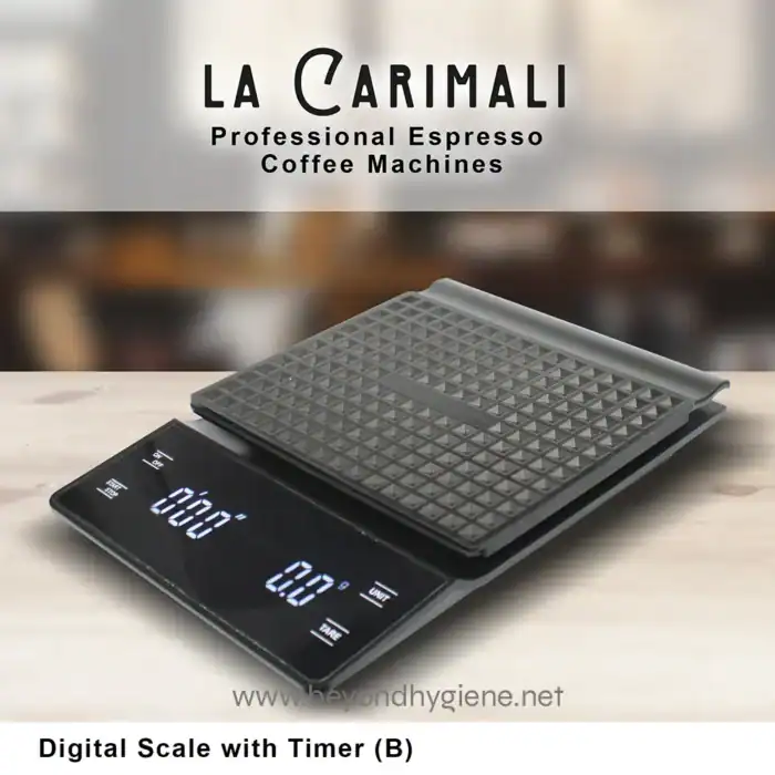 Digital scale with timer used for precise measurement in professional settings, ideal for food and kitchen hygiene applications.