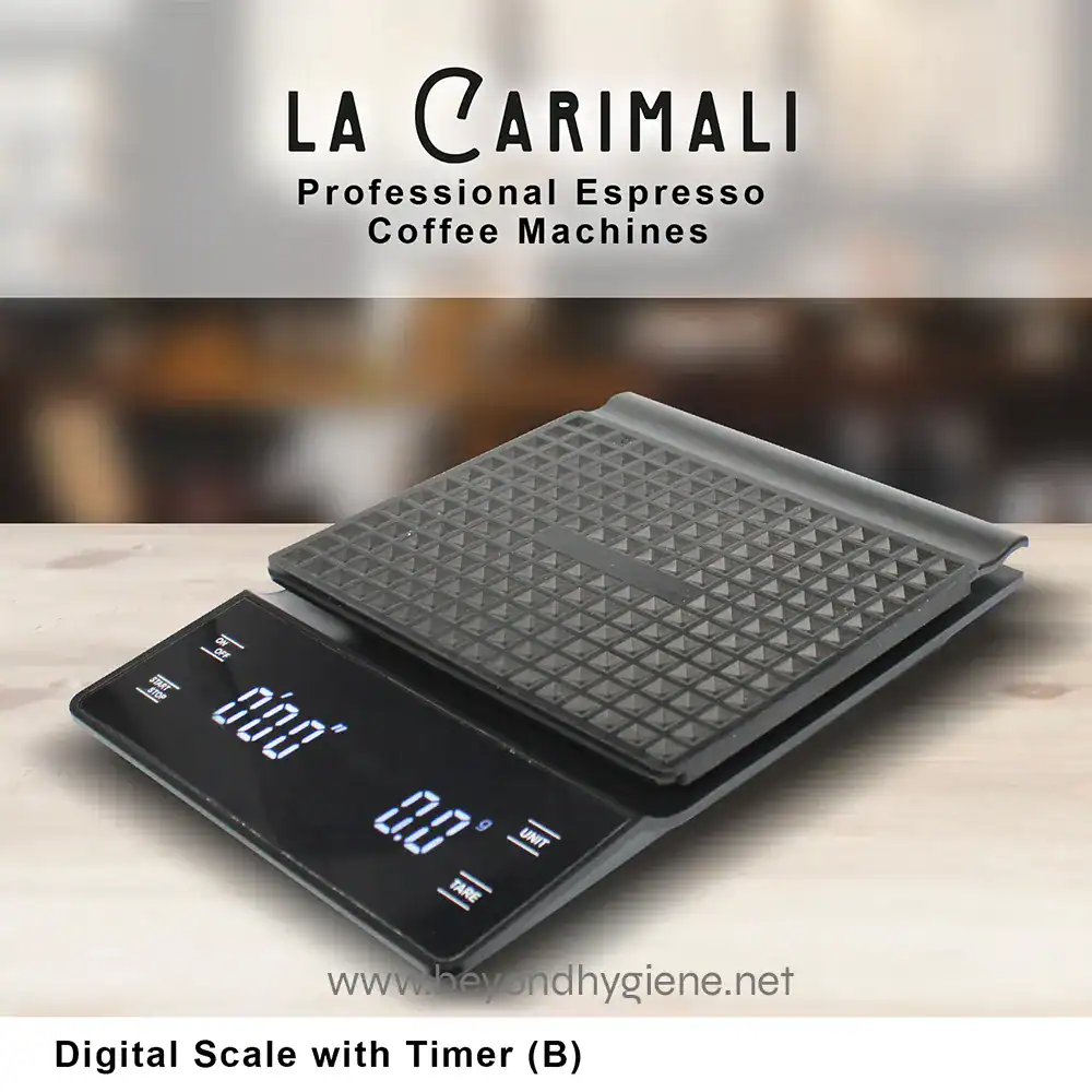 Digital Scale with Timer (B) (3) Digital scale with timer used for precise measurement in professional settings, ideal for food and kitchen hygiene applications.
