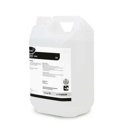 Liquid hand sanitizer in a 5L container with hygiene safety labels, suitable for commercial and industrial cleaning, emphasizing hygiene solutions from Beyond Hygiene Asia.
