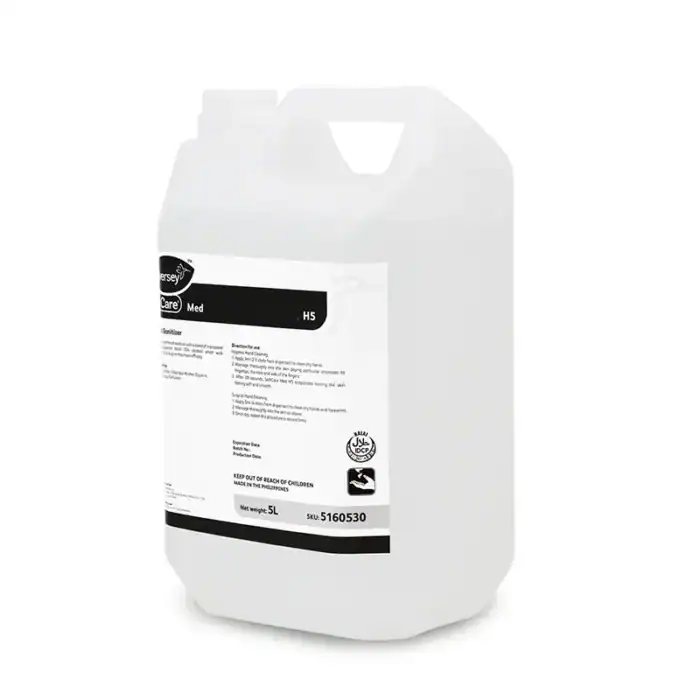 Liquid hand sanitizer in a 5L container with hygiene safety labels, suitable for commercial and industrial cleaning, emphasizing hygiene solutions from Beyond Hygiene Asia.