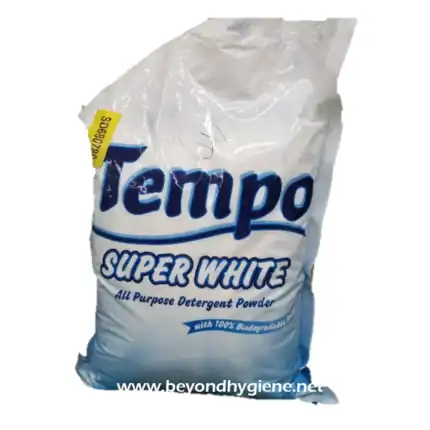 Tempo Super White all-purpose detergent powder packaging, eco-friendly cleaning product for laundry and household use.