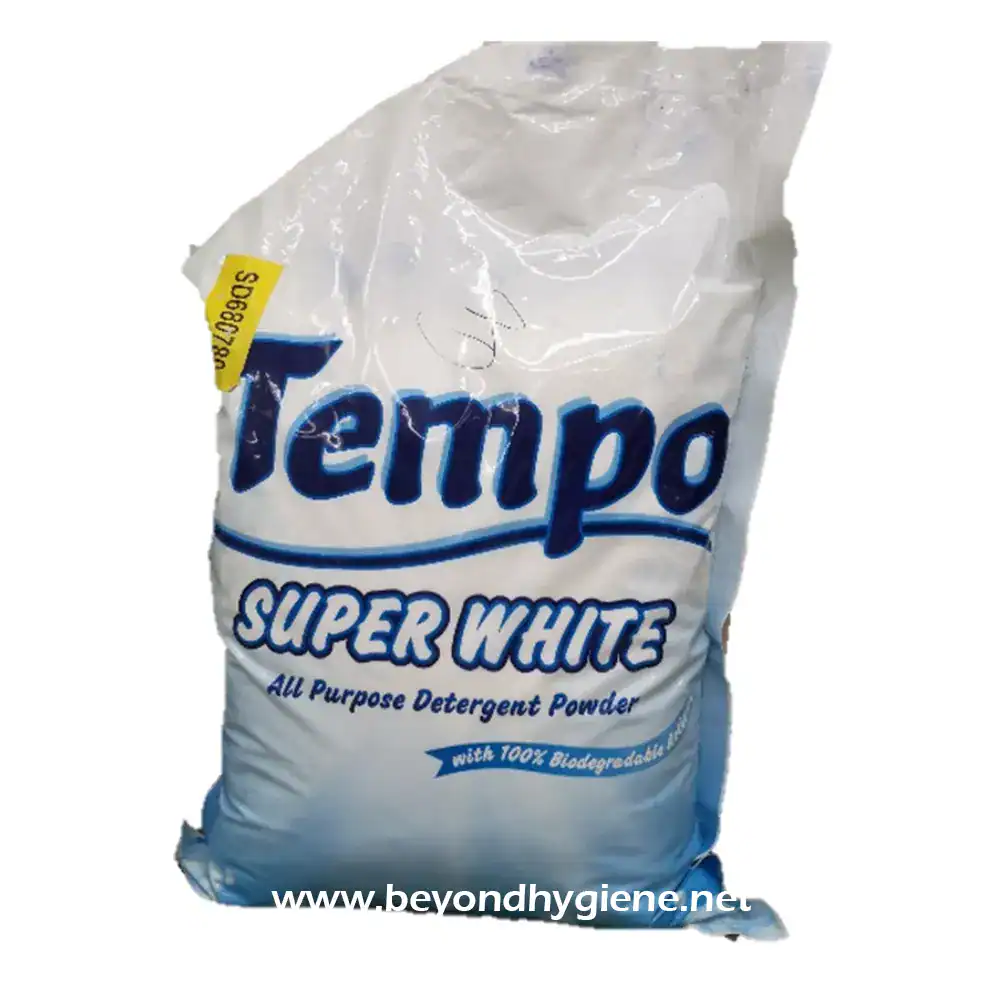 Diversey Tempo Super White All Purpose Detergent Powder 10kg Tempo Super White all-purpose detergent powder packaging, eco-friendly cleaning product for laundry and household use.