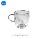 Clear glass mug for tea or coffee, ideal for hygiene and beverage presentation. Perfect for hygienic settings, emphasizing cleanliness and quality in beverage service.