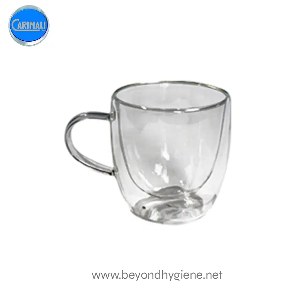 Double wall glass cup (C) (2) Clear glass mug for tea or coffee, ideal for hygiene and beverage presentation. Perfect for hygienic settings, emphasizing cleanliness and quality in beverage service.
