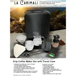 Drip coffee maker set with travel case, portable coffee brewing kit, high-quality durable materials, perfect for camping, travel, and outdoor use, includes accessories for coffee enthusiasts.