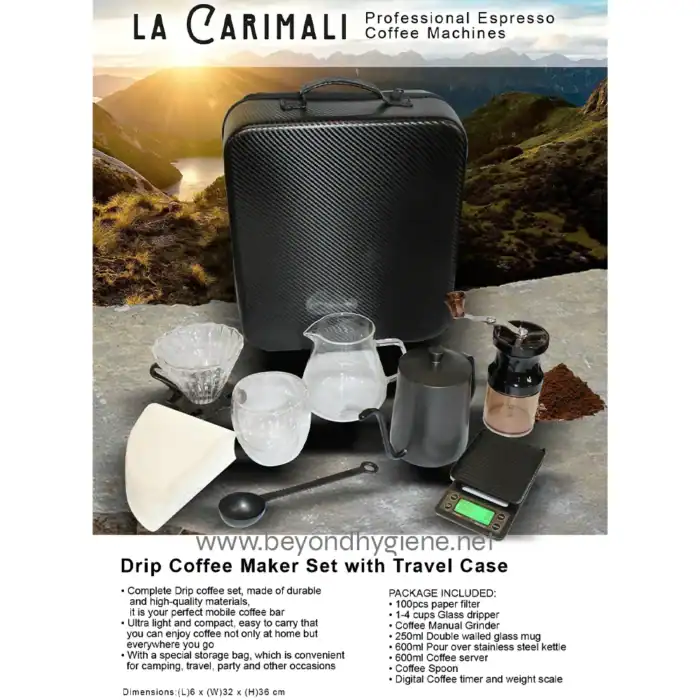 Drip coffee maker set with travel case, portable coffee brewing kit, high-quality durable materials, perfect for camping, travel, and outdoor use, includes accessories for coffee enthusiasts.