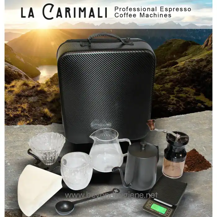 Elegant black espresso machine case with coffee brewing accessories, perfect for baristas and coffee enthusiasts. Durable, portable, and sleek design for professional coffee service anywhere.