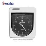 Microcomputer time clock with IWATA logo, white housing, and black dial displaying time for workplace hygiene and sanitation monitoring.