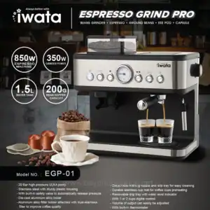 IWata Espresso Grind Pro commercial coffee machine for high-quality espresso brewing. Features include 850W power, 1.5L water tank, stainless steel housing, and easy-to-clean drip tray, ideal for cafes and offices.