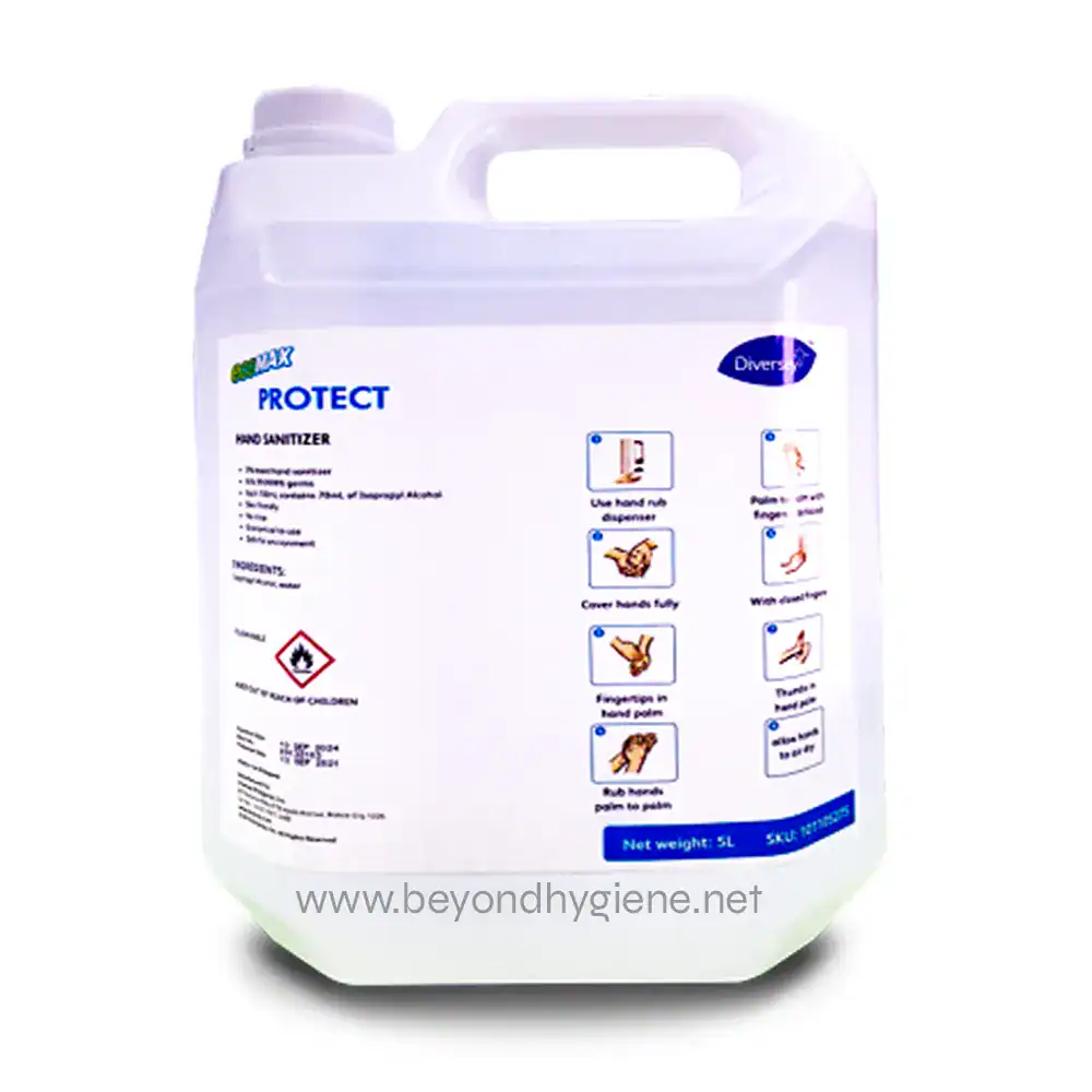 EcoMax Protect Effective hand sanitizer in a 5L container, ideal for hygiene in Asian workplaces, schools, and hospitals, promoting cleanliness and infection control with easy-to-use disinfectant.