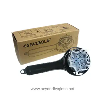 Dishwasher or kitchen scouring pad with ergonomic handle for efficient cleaning.
