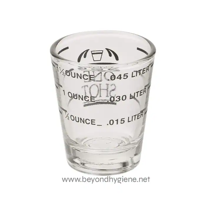 Measurement glass for liquids, featuring iconic graduation markings for ounces and liters, ideal for scientific or laboratory use.