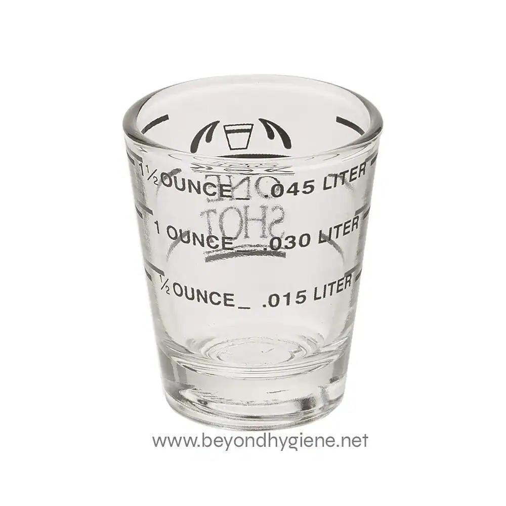 Espresso Shot Glass (1) Measurement glass for liquids, featuring iconic graduation markings for ounces and liters, ideal for scientific or laboratory use.
