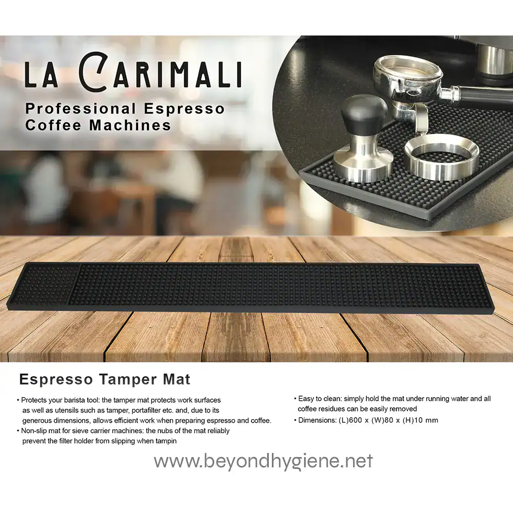 Espresso Tamper Mat (1) Black espresso tamper mat for barista tools, protects work surfaces and prevents slipping during tamping, easy to clean, dimensions 600x80x10 mm, ideal for professional coffee machine use.