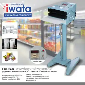 Sealing machine for aluminum packaging, blue automatic heat sealer with control panel, ideal for packaging snacks, food, and sealed pouches. Designed for industrial and commercial packaging needs.