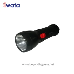 Bright LED flashlight with durable black body and red switch, ideal for outdoor, camping, and emergency lighting needs from Beyond Hygiene Asia.