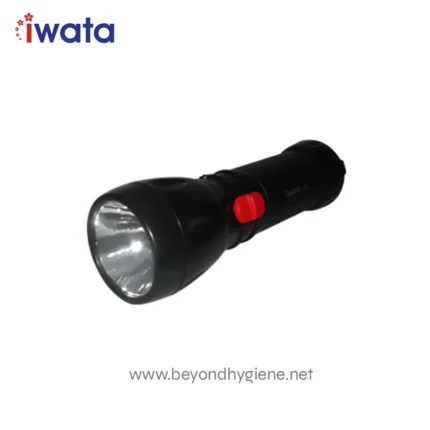 Bright LED flashlight with durable black body and red switch, ideal for outdoor, camping, and emergency lighting needs from Beyond Hygiene Asia.