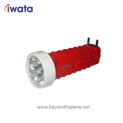 Bright red IWATA flashlight with multiple LED lights for industrial and emergency lighting purposes, featuring a sturdy design perfect for hygiene and safety environments.