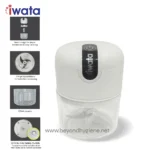 Iwata hand sanitizer dispenser with automatic touchless operation, compact design, high-speed blades, 250ml capacity, built-in safety switch for hygienic hand sanitation.