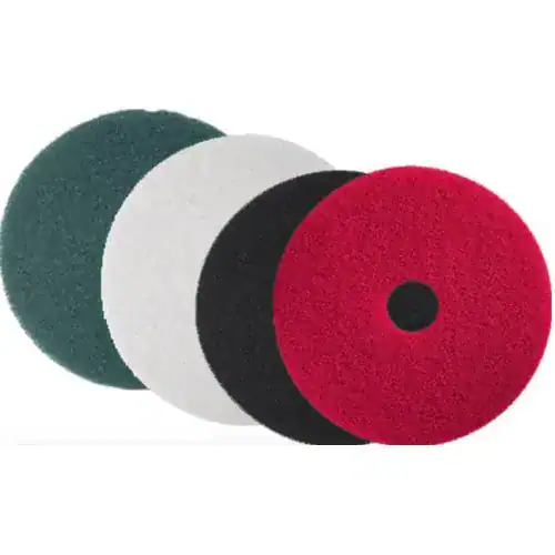 Floor Pads Green, white, black, and red cleaning buffing pads for industrial and commercial surface cleaning and maintenance.