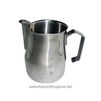 Stainless steel milk frothing pitcher, essential for coffee baristas, with measurements for accurate steaming. Durable, professional-grade milk jug ideal for espresso and specialty beverages.