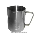 Stainless steel measuring jug used for precise liquid measurements in hygiene and cleaning protocols.