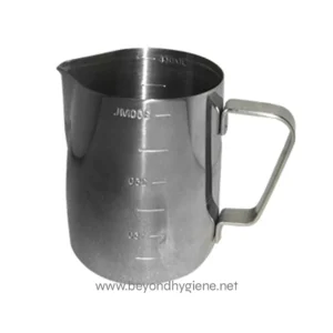 Stainless steel measuring jug used for precise liquid measurements in hygiene and cleaning protocols.